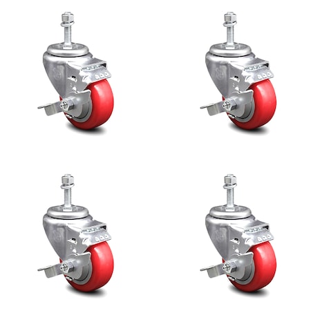 Service Caster 3 Inch Red Polyurethane Swivel 10mm Threaded Stem Caster Set with Brake SCC-TS20S314-PPUB-RED-TLB-M1015-4